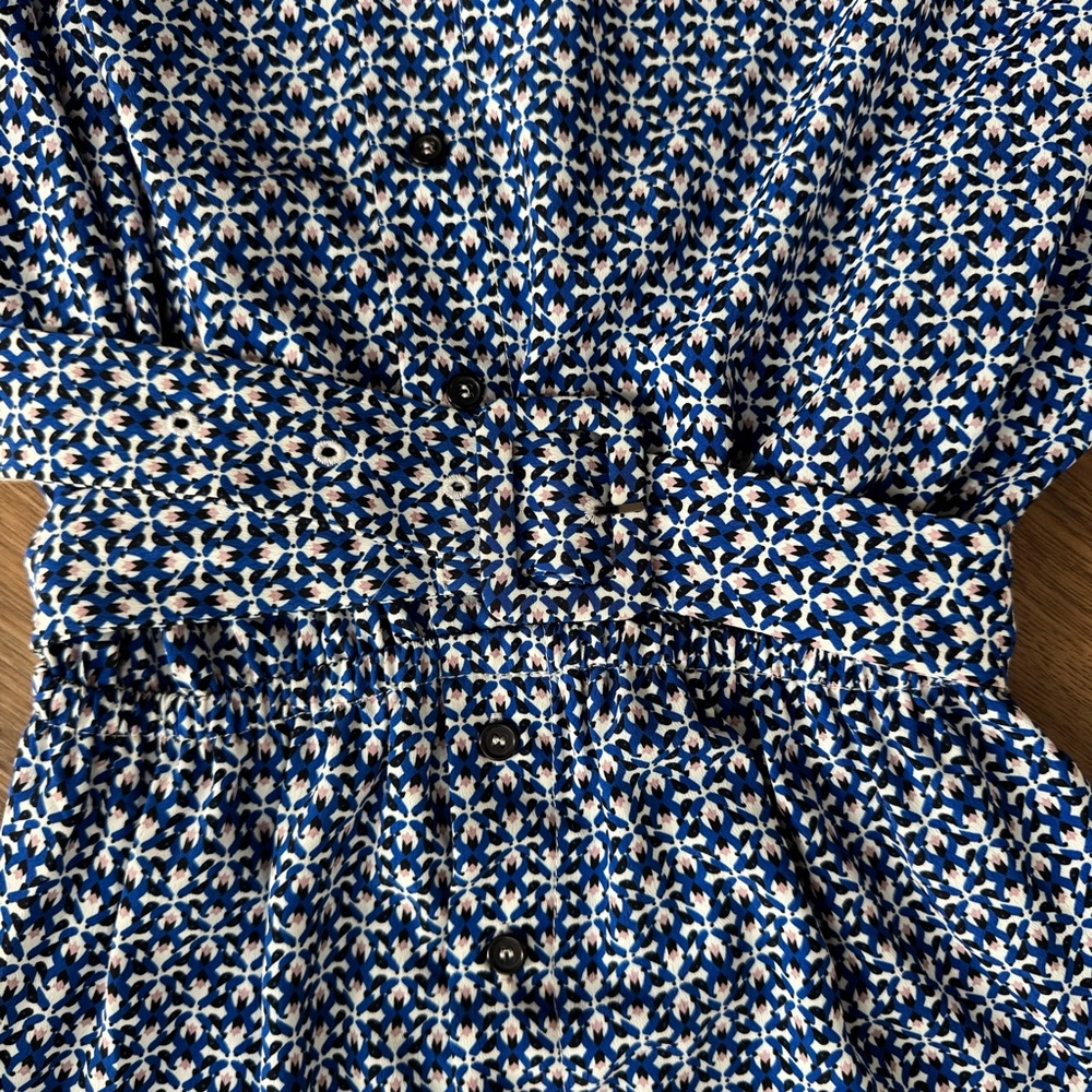 EUC - Melloday - Elegant Blue Patterned Women's Belted Midi Dress with Collar - Picture 5 of 11